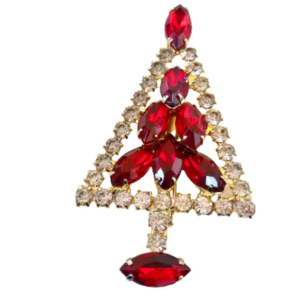 Vintage Christmas Tree Brooch Pin Marquise Red Rhinestone + Clear Prong Set